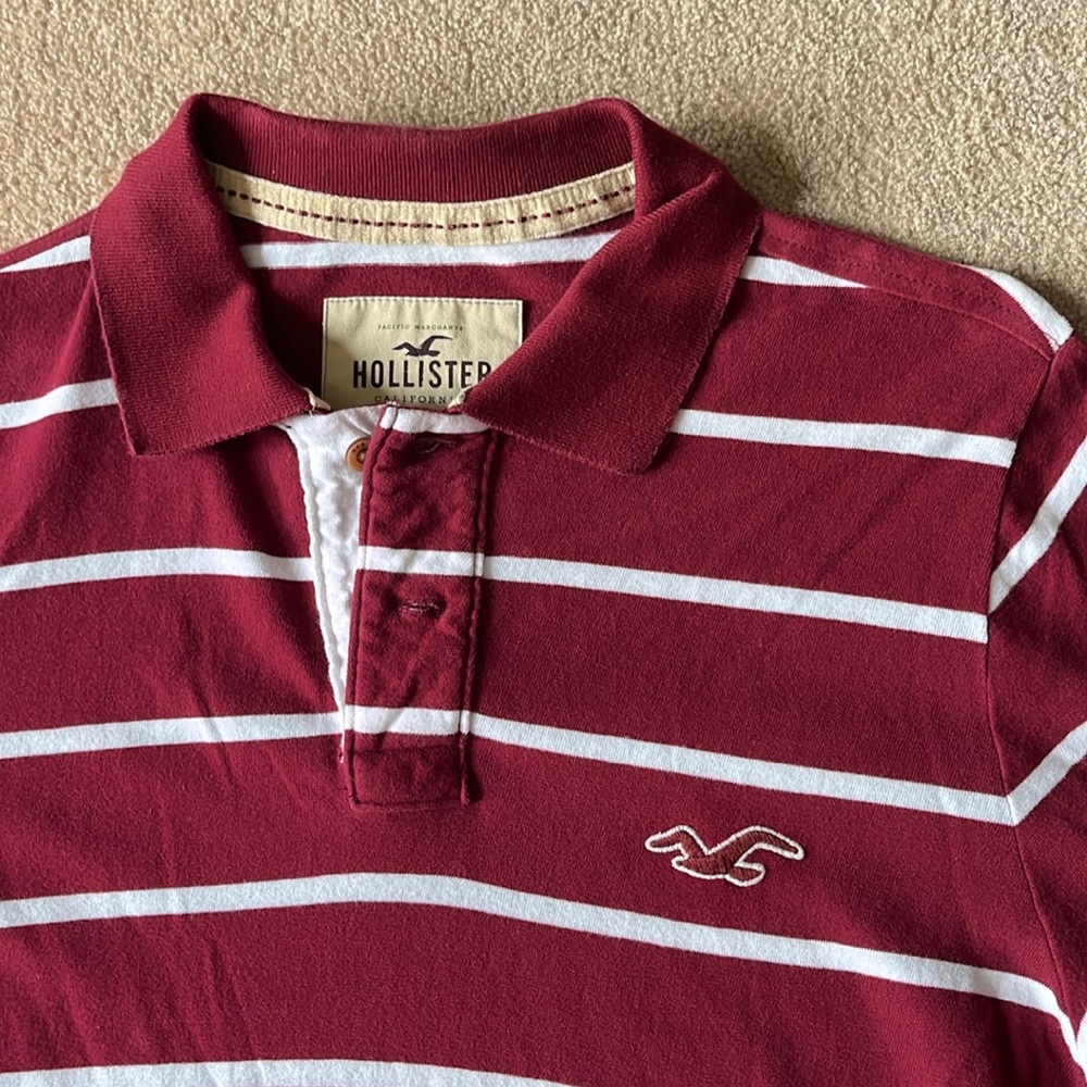 New Hollister Men's Burgundy & White Striped Polo, Super Soft Material, Sz.XL! - Picture 2 of 6